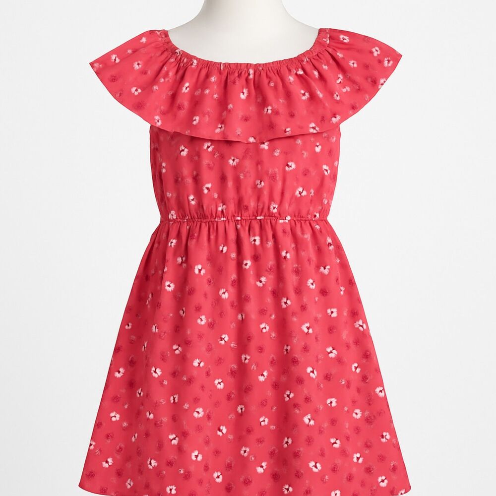 Girls Coral Pink Floral Ruffle Off-Shoulder Dress Size 8 NWOT